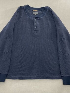 LL Bean Signature Thermal Henley Shirt Mens Large Navy Blue Slim Fit Waffle Knit